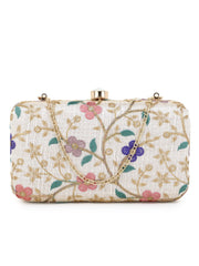 Hue Faux Silk Floral Embroidered Box Clutch