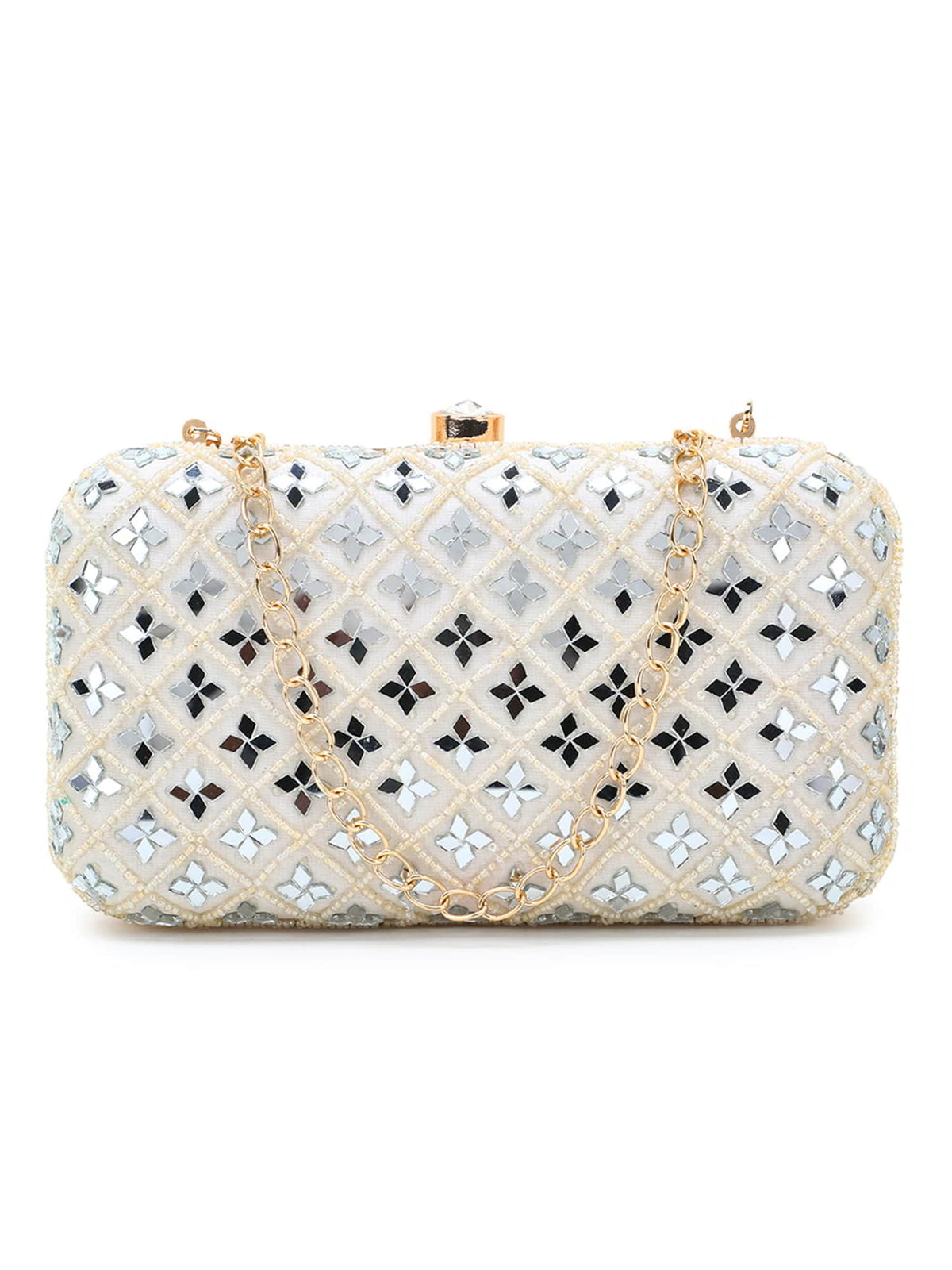 Adorn Faux Silk Geometric Clutch with Mirror Work