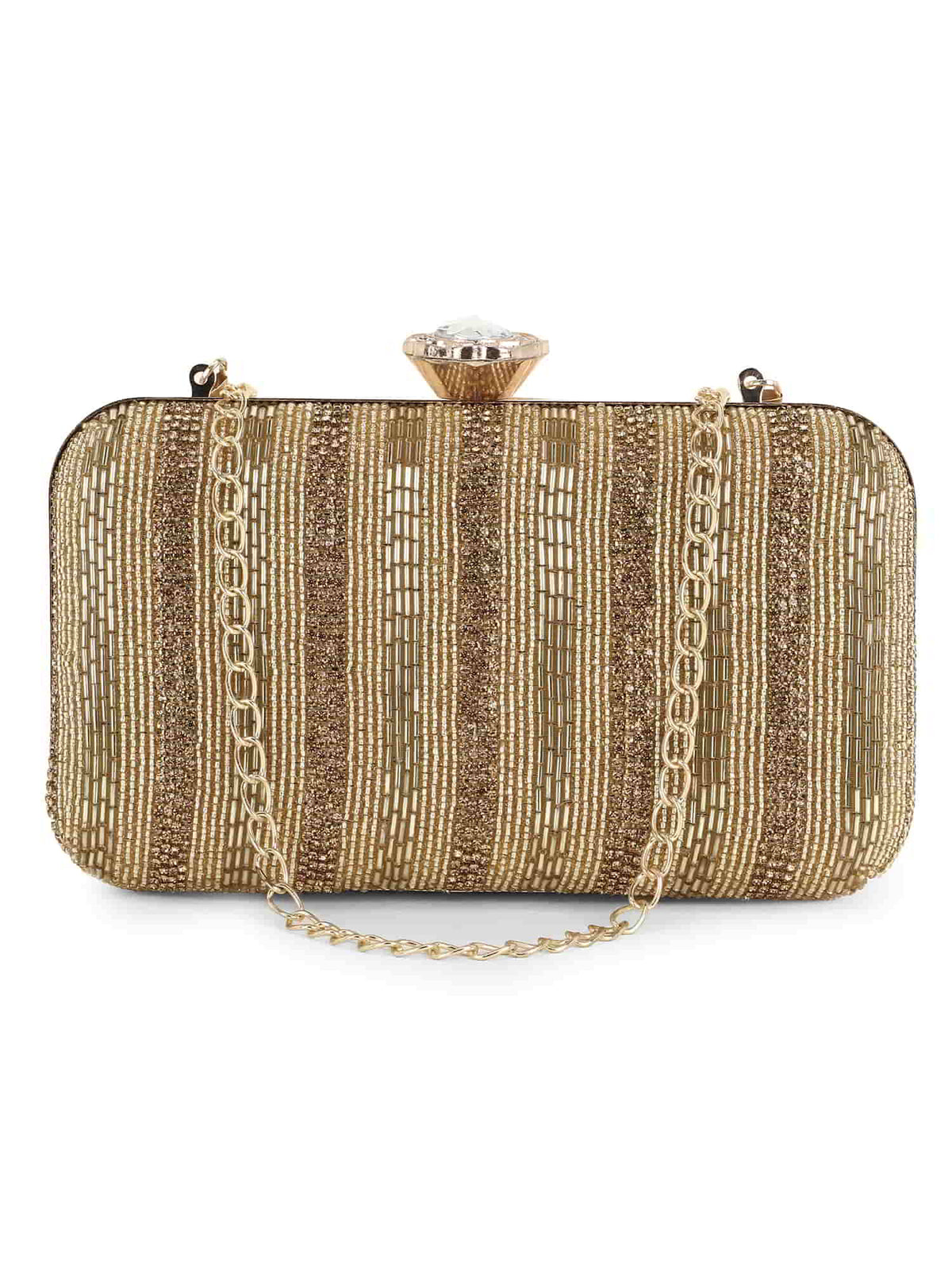 Adorn Faux Silk Striped & Embellished Clutch