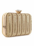 Adorn Faux Silk Striped & Embellished Clutch