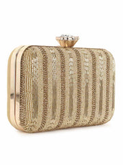 Adorn Faux Silk Striped & Embellished Clutch