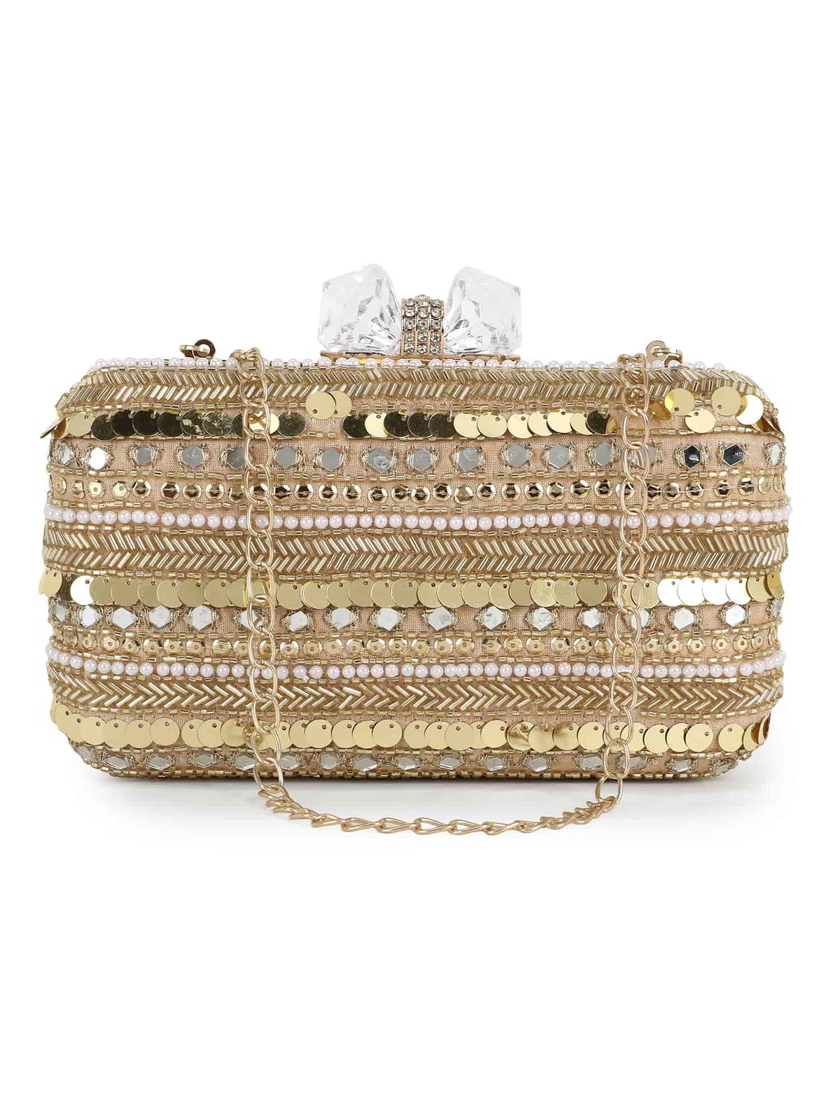 Adorn Faux Silk Striped & Embellished Clutch