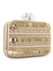 Adorn Faux Silk Striped & Embellished Clutch