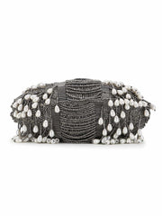 Pochette Striped Embellished Faux Silk Clutch