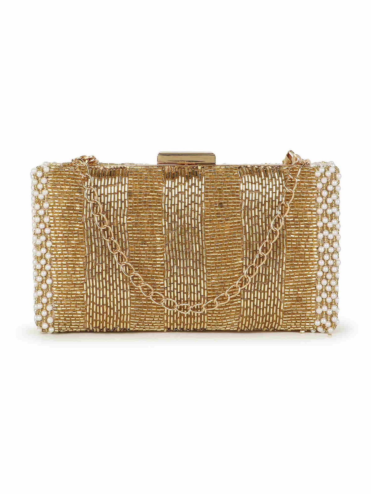 Adorn Striped Embellished Faux Silk Clutch