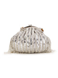 Pochette Striped Embellished Faux Silk Clutch