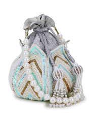 Lotus Chevron Embellished Faux Silk Potli