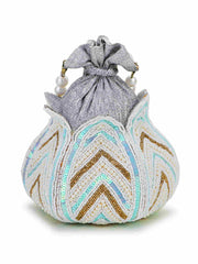 Lotus Chevron Embellished Faux Silk Potli