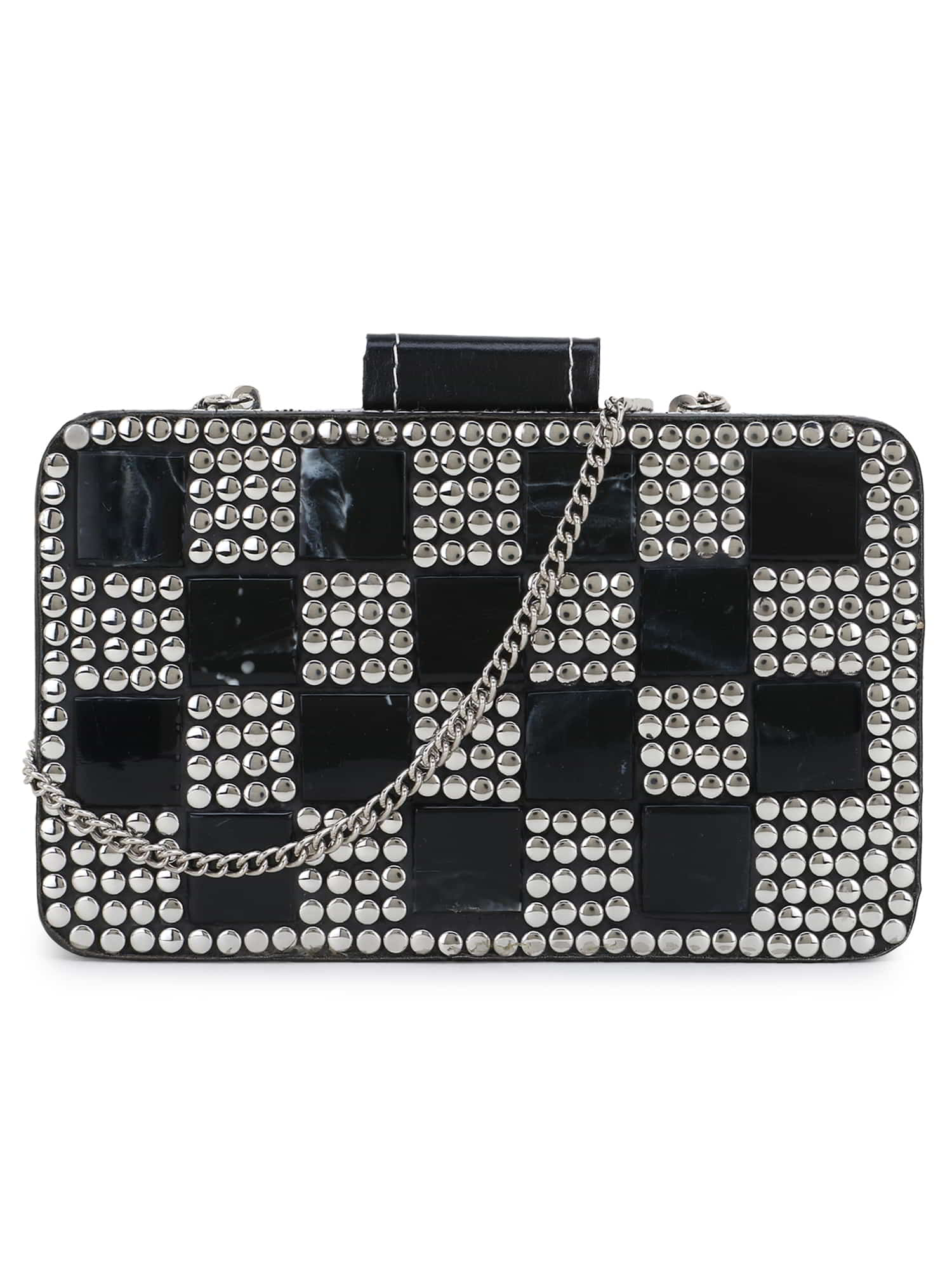 Marble Metal & Fabric Checked Box Clutch