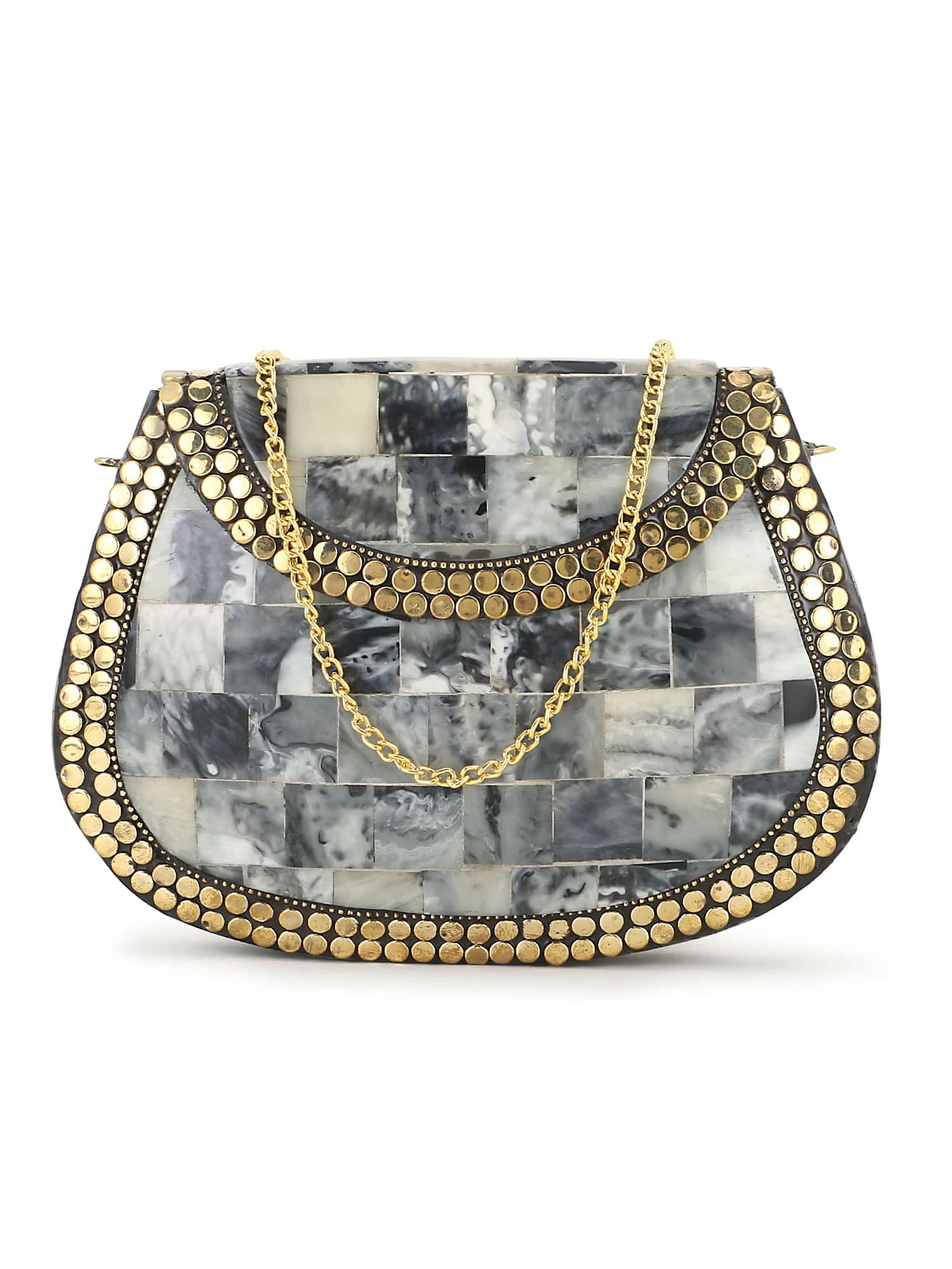 Mosaic Marble finish Embellished Resin & Metal Clutch