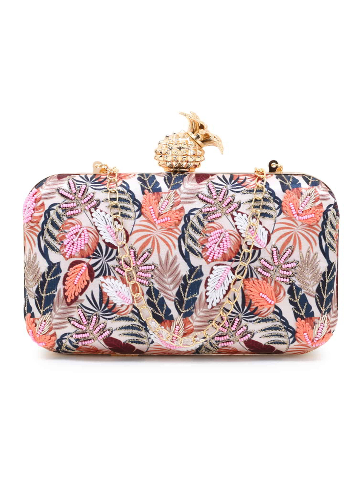 Adorn Printed Satin Botanical Embroidered Clutch