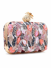 Adorn Printed Satin Botanical Embroidered Clutch