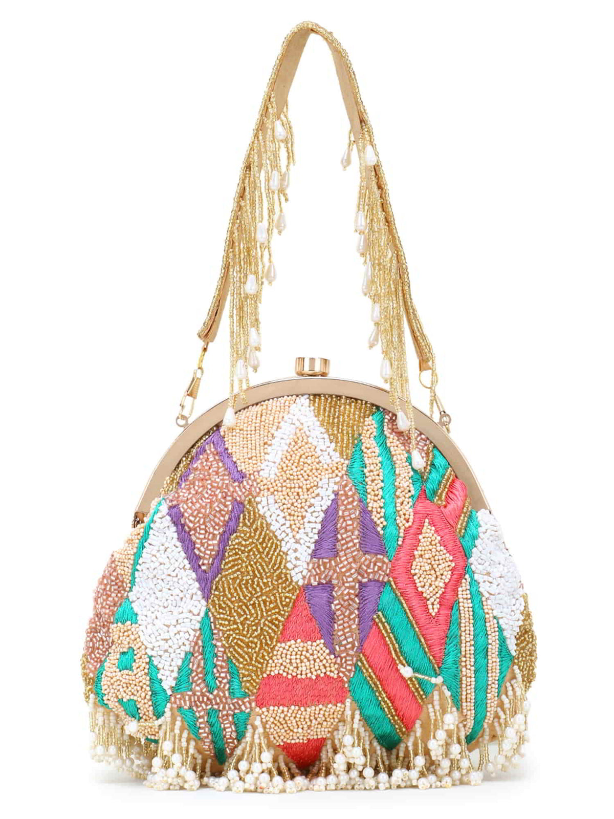 Pochette Faux Silk Geometric Embellished Bead Work Clutch