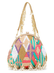 Pochette Faux Silk Geometric Embellished Bead Work Clutch