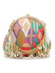 Pochette Faux Silk Geometric Embellished Bead Work Clutch