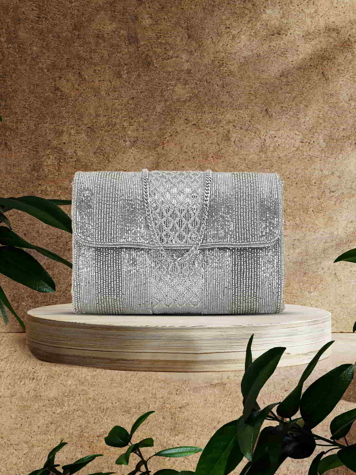 Coffer Striped Embellished Faux Silk Clutch
