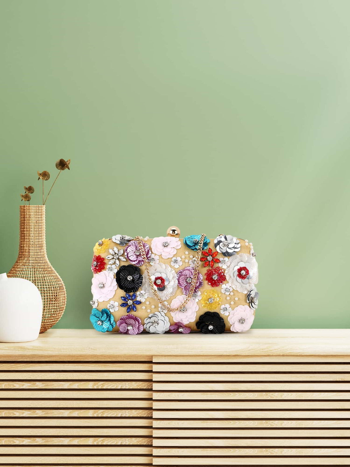 Adorn Floral Embellished Faux Silk Clutch