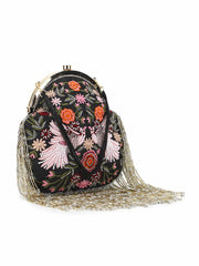 Pochette Floral Embroidered Embellished Faux Silk & Velvet Clutch
