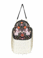 Pochette Floral Embroidered Embellished Faux Silk & Velvet Clutch