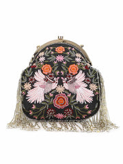 Pochette Floral Embroidered Embellished Faux Silk & Velvet Clutch