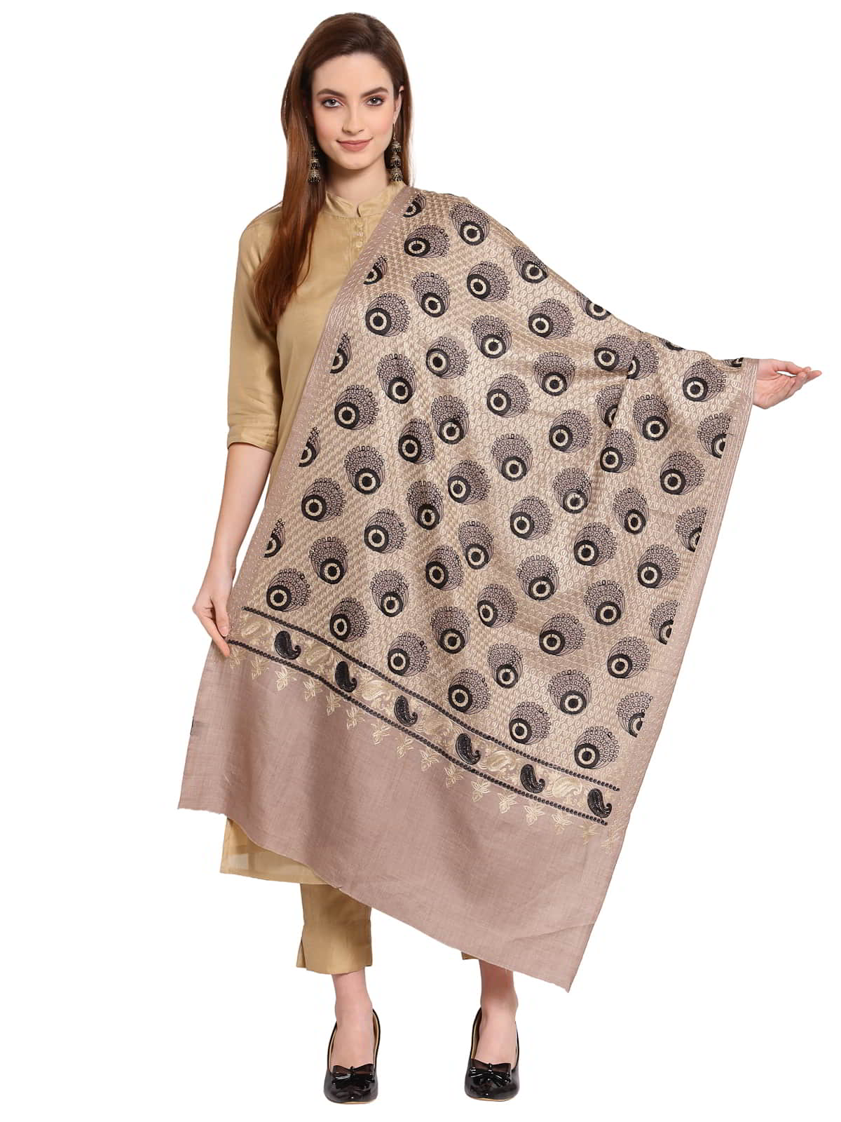 Peacock Feather Embroidered Design Wool Shawl