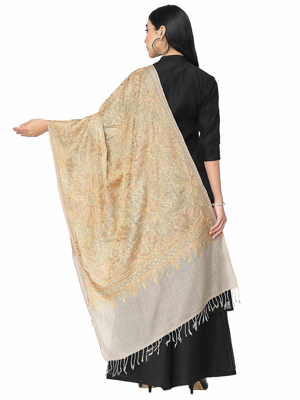 Crewel Embroidered Floral Polywool Stole